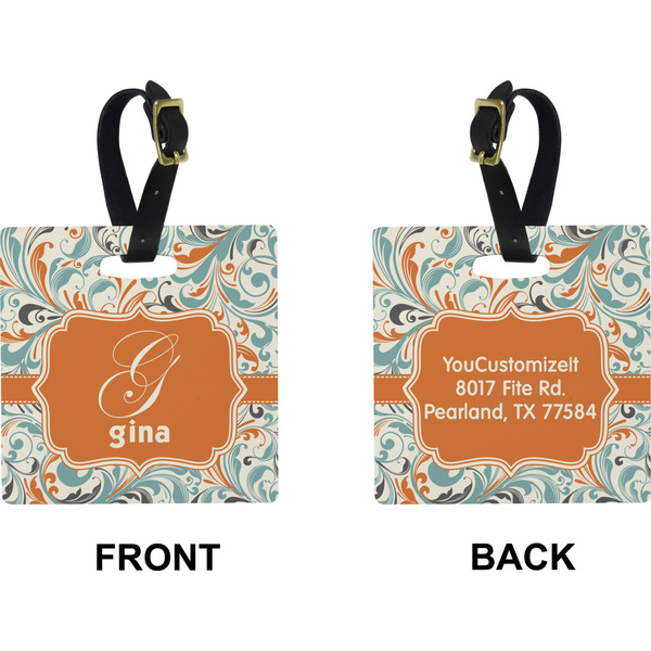 Orange & Blue Leafy Swirls Square Luggage Tag (Front + Back)