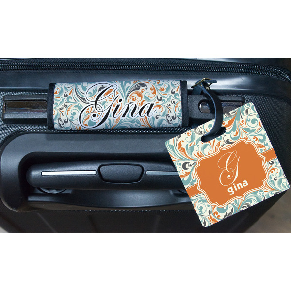 Orange & Blue Leafy Swirls Square Luggage Tag & Handle Wrap - In Context