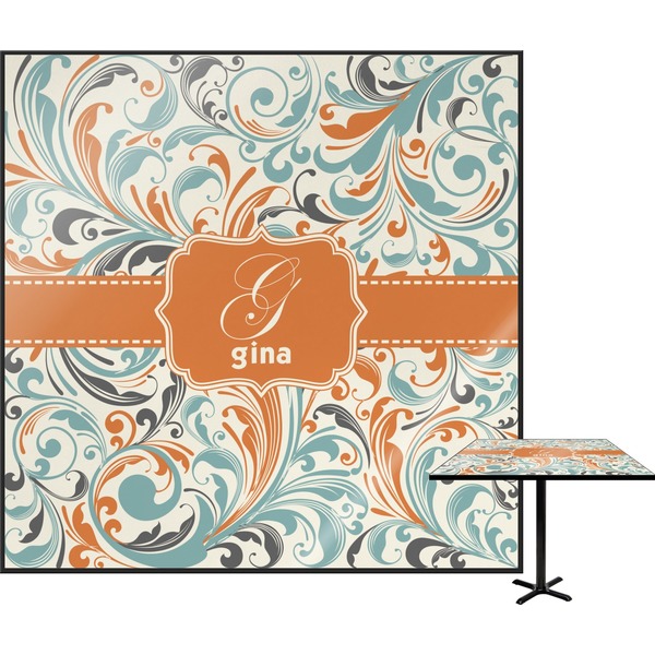 Custom Orange & Blue Leafy Swirls Square Table Top (Personalized)