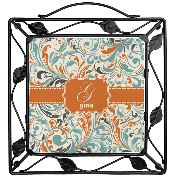 Custom Orange & Blue Leafy Swirls Square Trivet (Personalized)