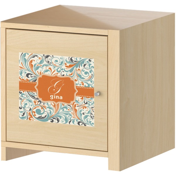 Orange & Blue Leafy Swirls Square Wall Decal on Wooden Cabinet