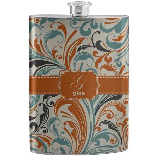 Custom Orange & Blue Leafy Swirls Stainless Steel Flask (Personalized)