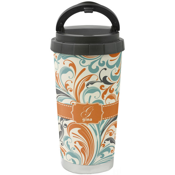 Custom Orange & Blue Leafy Swirls Stainless Steel Coffee Tumbler (Personalized)