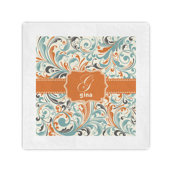 Custom Orange & Blue Leafy Swirls Cocktail Napkins (Personalized)