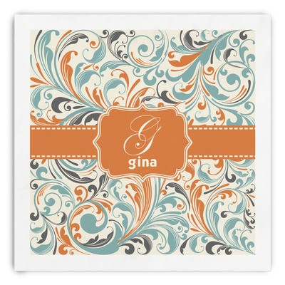 Orange & Blue Leafy Swirls Paper Dinner Napkins (Personalized)