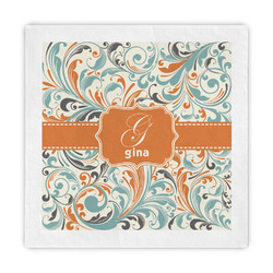 Orange & Blue Leafy Swirls Decorative Paper Napkins (Personalized)