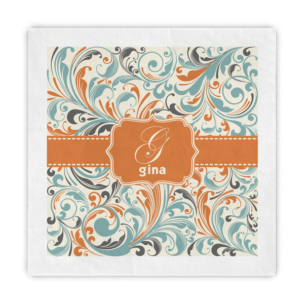 Custom Orange & Blue Leafy Swirls Decorative Paper Napkins (Personalized)