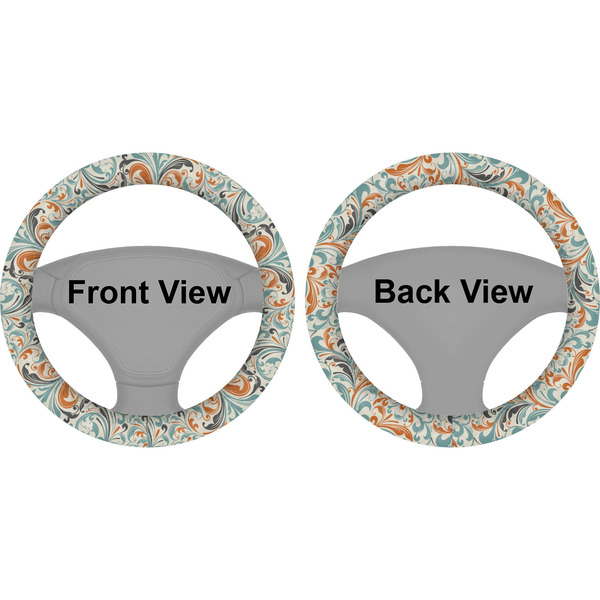 Orange & Blue Leafy Swirls Steering Wheel Cover- Front and Back