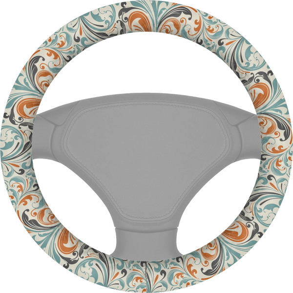 Custom Orange & Blue Leafy Swirls Steering Wheel Cover