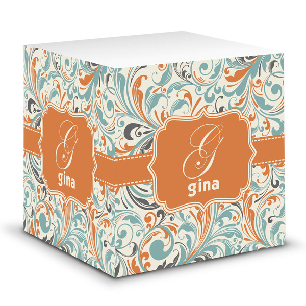 Custom Orange & Blue Leafy Swirls Sticky Note Cube (Personalized)