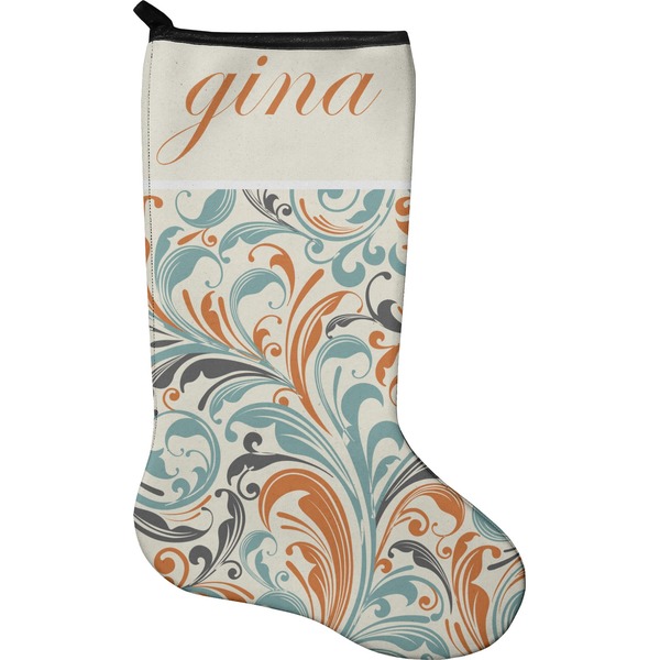 Custom Orange & Blue Leafy Swirls Holiday Stocking - Neoprene (Personalized)
