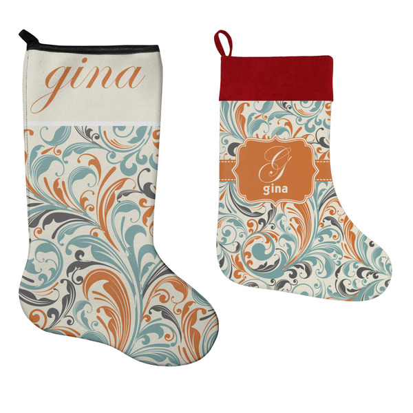 Orange & Blue Leafy Swirls Stockings - Side by Side compare