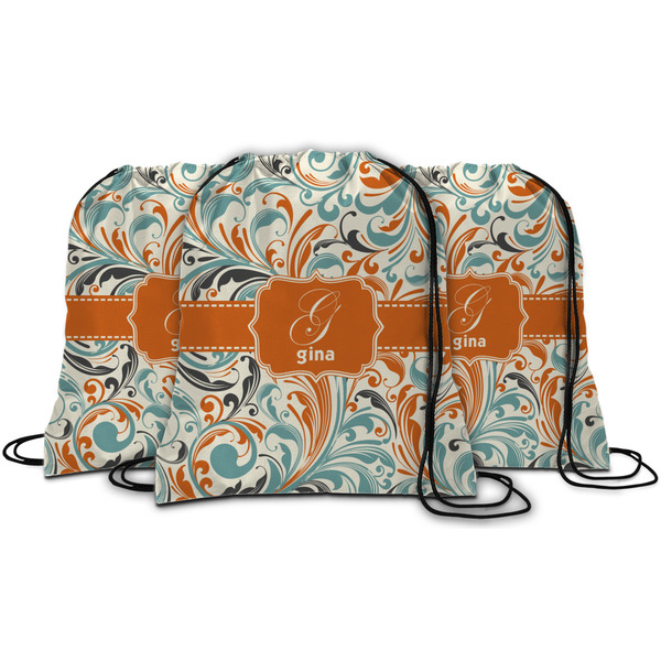 Orange & Blue Leafy Swirls String Backpack - MAIN