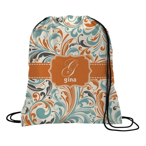 Custom Orange & Blue Leafy Swirls Drawstring Backpack - Large (Personalized)
