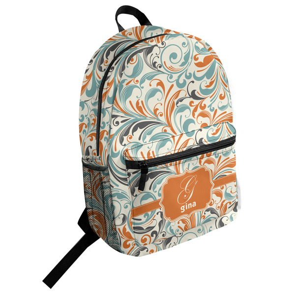 Custom Orange & Blue Leafy Swirls Student Backpack (Personalized)