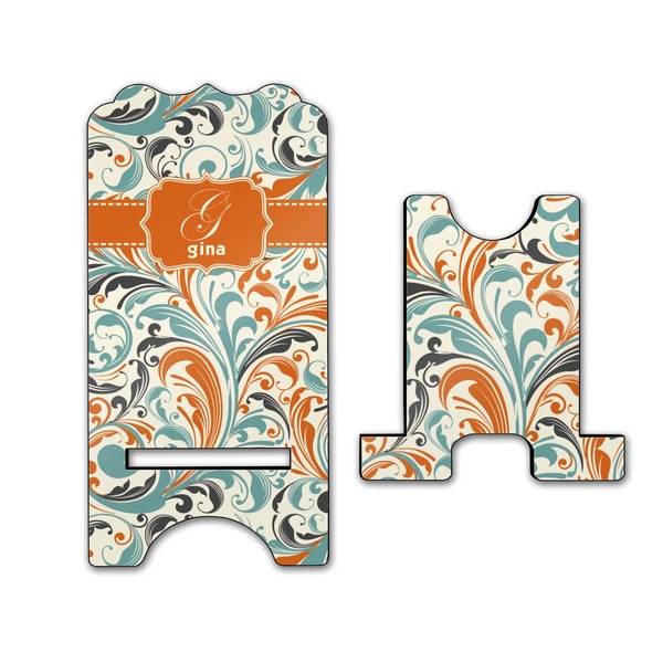 Orange & Blue Leafy Swirls Stylized Phone Stand - Front & Back - Large