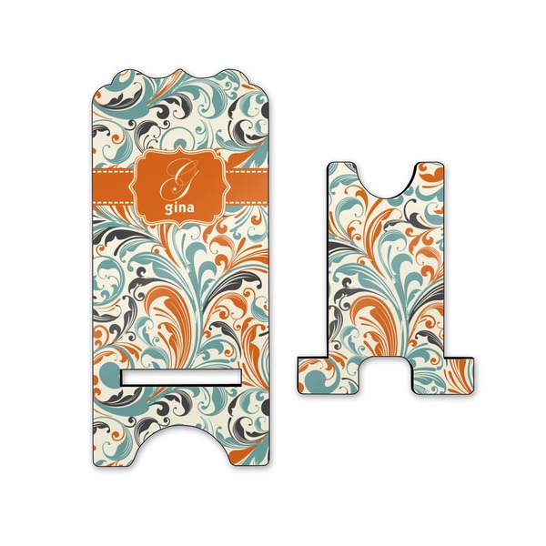 Orange & Blue Leafy Swirls Stylized Phone Stand - Front & Back - Small