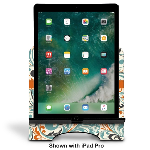 Orange & Blue Leafy Swirls Stylized Tablet Stand - Front with ipad