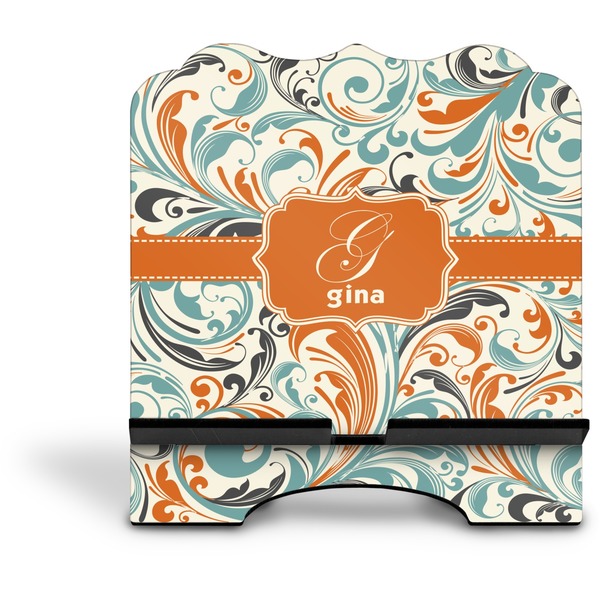 Orange & Blue Leafy Swirls Stylized Tablet Stand - Front without iPad