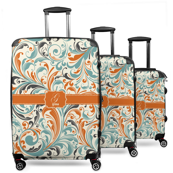 Custom Orange & Blue Leafy Swirls 3 Piece Luggage Set - 20" Carry On, 24" Medium Checked, 28" Large Checked (Personalized)