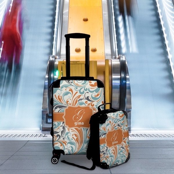 Orange & Blue Leafy Swirls Suitcase Set 4 - IN CONTEXT