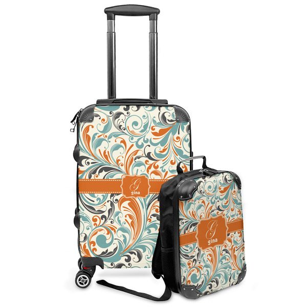 Custom Orange & Blue Leafy Swirls Kids 2-Piece Luggage Set - Suitcase & Backpack (Personalized)