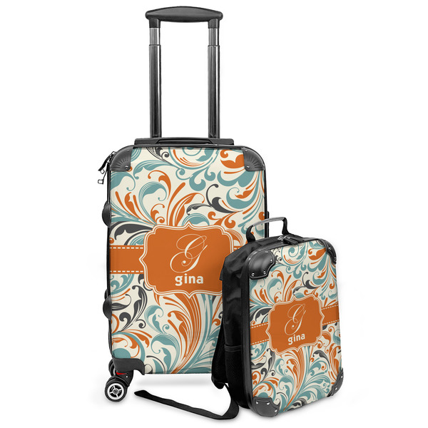 Custom Orange & Blue Leafy Swirls Kids 2-Piece Luggage Set - Suitcase & Backpack (Personalized)