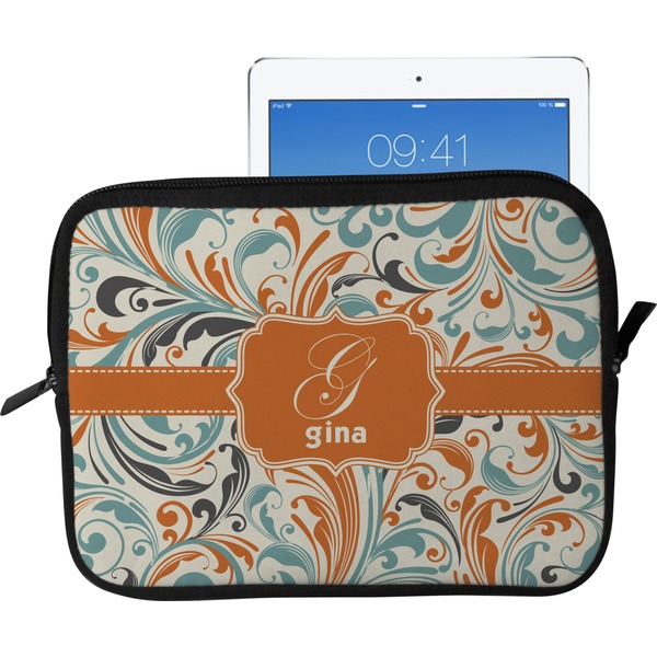 Custom Orange & Blue Leafy Swirls Tablet Case / Sleeve - Large (Personalized)