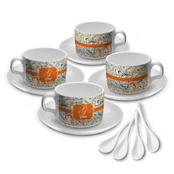 Orange & Blue Leafy Swirls Tea Cup - Set of 4 (Personalized)