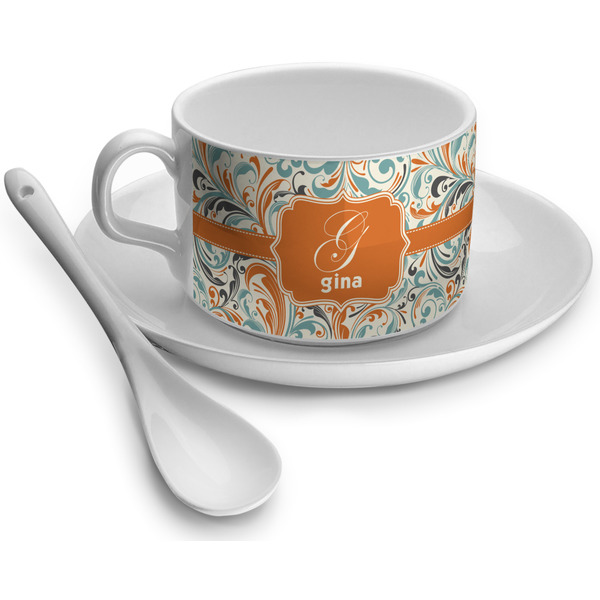 Custom Orange & Blue Leafy Swirls Tea Cup - Single (Personalized)