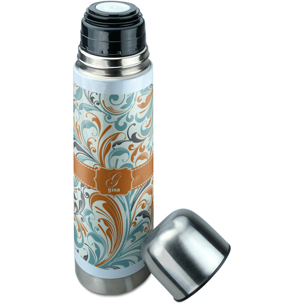 Orange & Blue Leafy Swirls Thermos - Lid Off