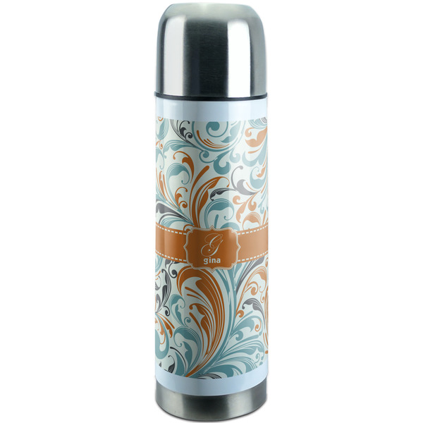 Custom Orange & Blue Leafy Swirls Stainless Steel Thermos (Personalized)