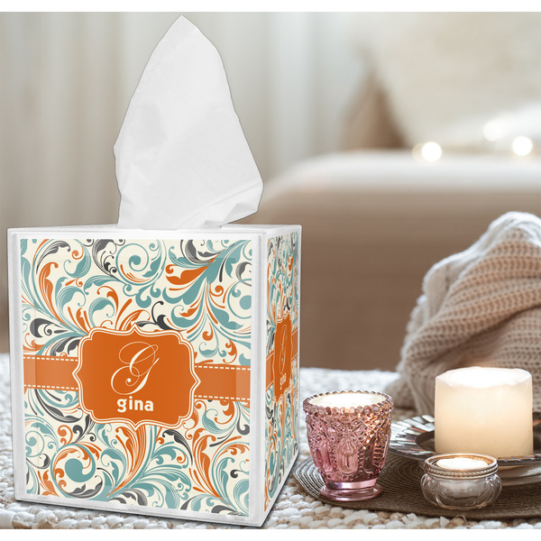 Orange & Blue Leafy Swirls Tissue Box - LIFESTYLE