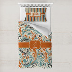 Orange & Blue Leafy Swirls Toddler Bedding w/ Name and Initial