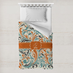 Orange & Blue Leafy Swirls Toddler Duvet Cover w/ Name and Initial