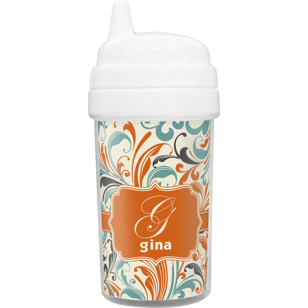 Custom Orange & Blue Leafy Swirls Sippy Cup (Personalized)