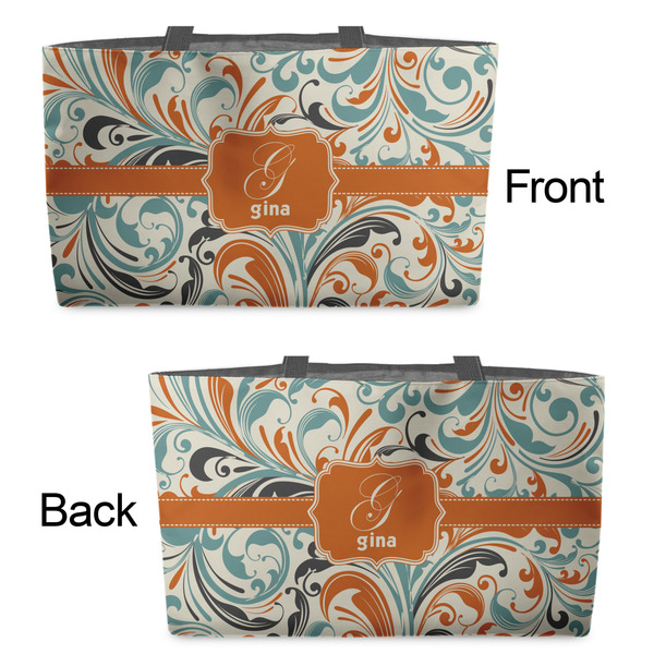 Orange & Blue Leafy Swirls Tote w/Black Handles - Front & Back Views