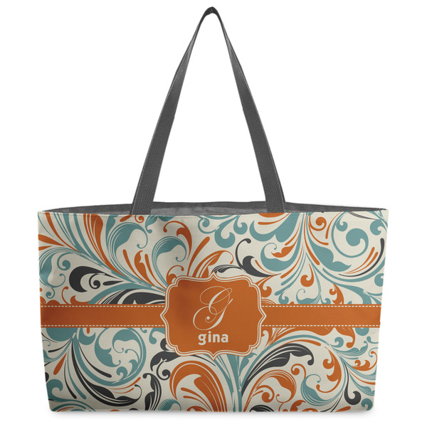 Custom Orange & Blue Leafy Swirls Beach Totes Bag - w/ Black Handles (Personalized)
