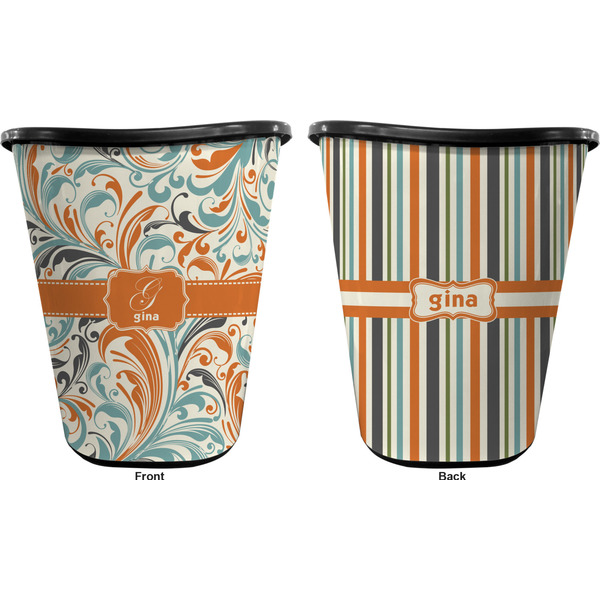 Orange & Blue Leafy Swirls Trash Can Black - Front and Back - Apvl
