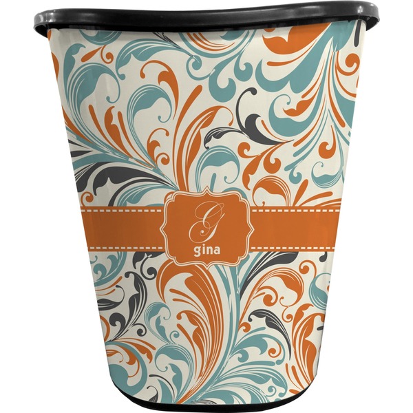 Custom Orange & Blue Leafy Swirls Waste Basket - Single Sided (Black) (Personalized)