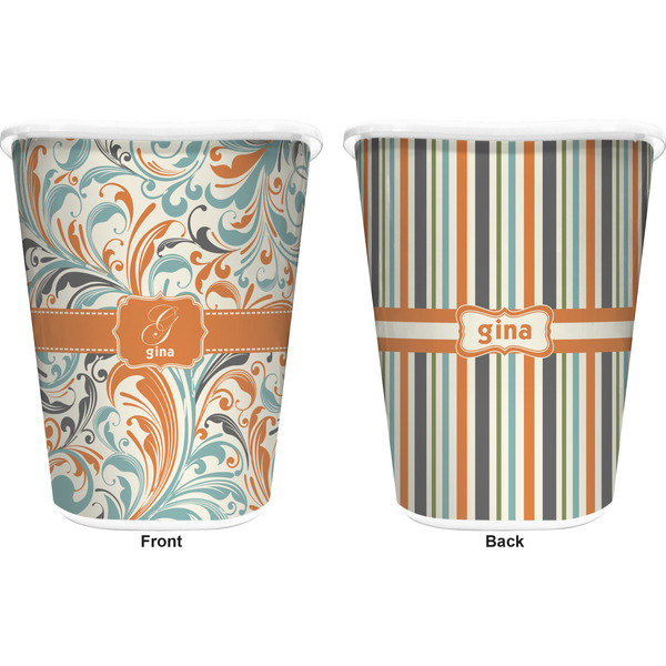 Orange & Blue Leafy Swirls Trash Can White - Front and Back - Apvl