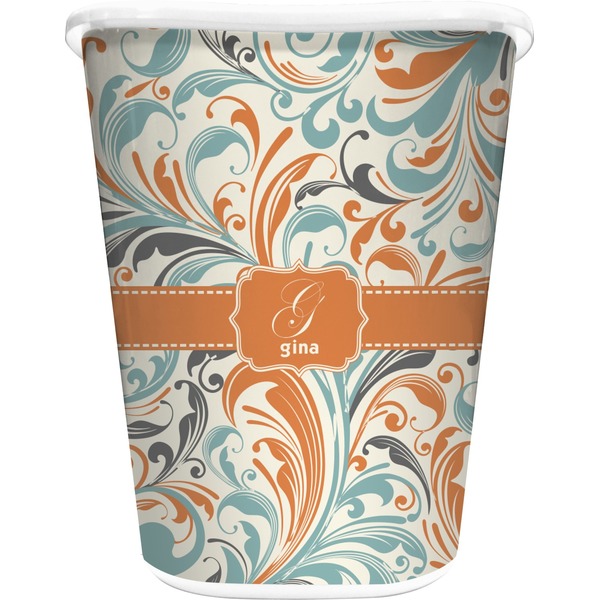 Custom Orange & Blue Leafy Swirls Waste Basket - Single Sided (White) (Personalized)