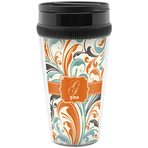 Custom Orange & Blue Leafy Swirls Acrylic Travel Mug without Handle (Personalized)