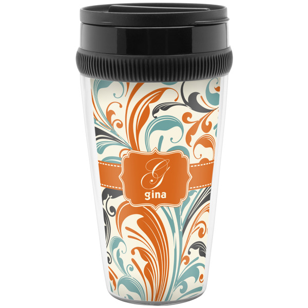 Custom Orange & Blue Leafy Swirls Acrylic Travel Mug without Handle (Personalized)