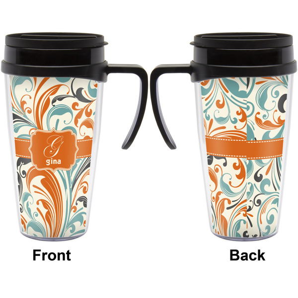 Orange & Blue Leafy Swirls Travel Mug with Black Handle - Approval