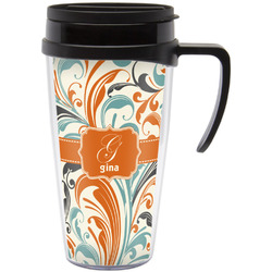 Orange & Blue Leafy Swirls Acrylic Travel Mug with Handle (Personalized)