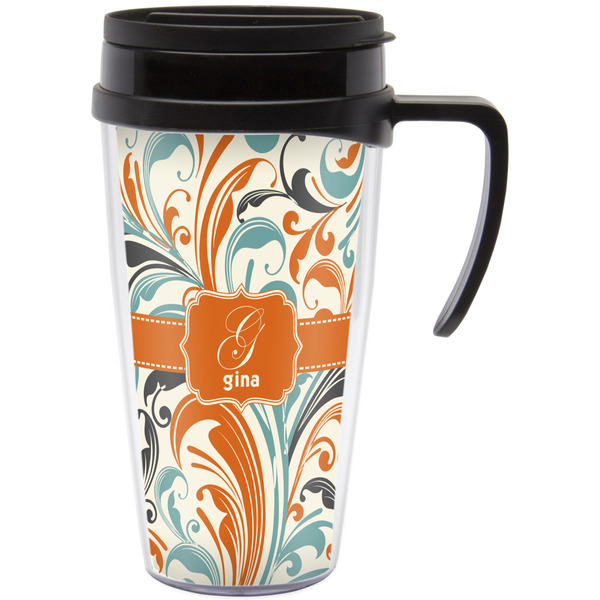Custom Orange & Blue Leafy Swirls Acrylic Travel Mug with Handle (Personalized)