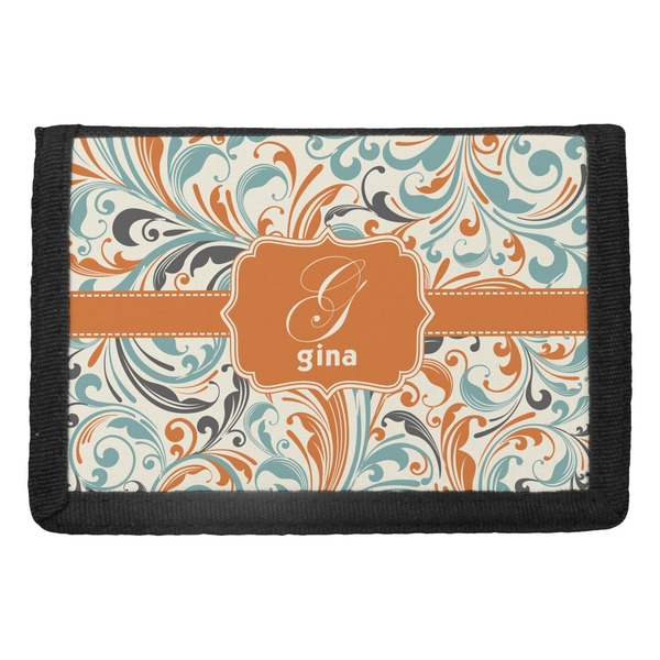 Custom Orange & Blue Leafy Swirls Trifold Wallet (Personalized)