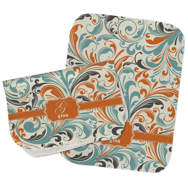 Orange & Blue Leafy Swirls Two Rectangle Burp Cloths - Open & Folded