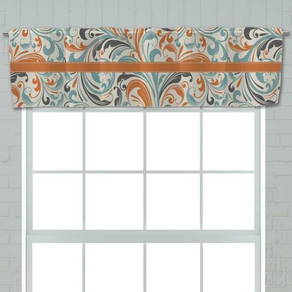 Orange & Blue Leafy Swirls Valance - Closeup on window